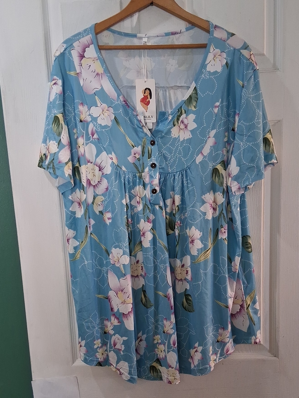 Blue Floral V-Neck Button Front Women's Stretchy Top